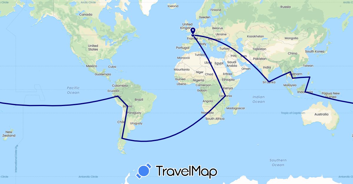 TravelMap itinerary: driving in Argentina, Bolivia, France, Indonesia, Cambodia, Laos, Sri Lanka, Peru, Philippines, Tanzania, Zambia (Africa, Asia, Europe, South America)